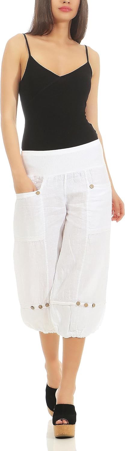 Malito Damen Hose aus Leinen | Stoffhose in Uni Farben | Freizeithose für den Strand | Chino - Capri