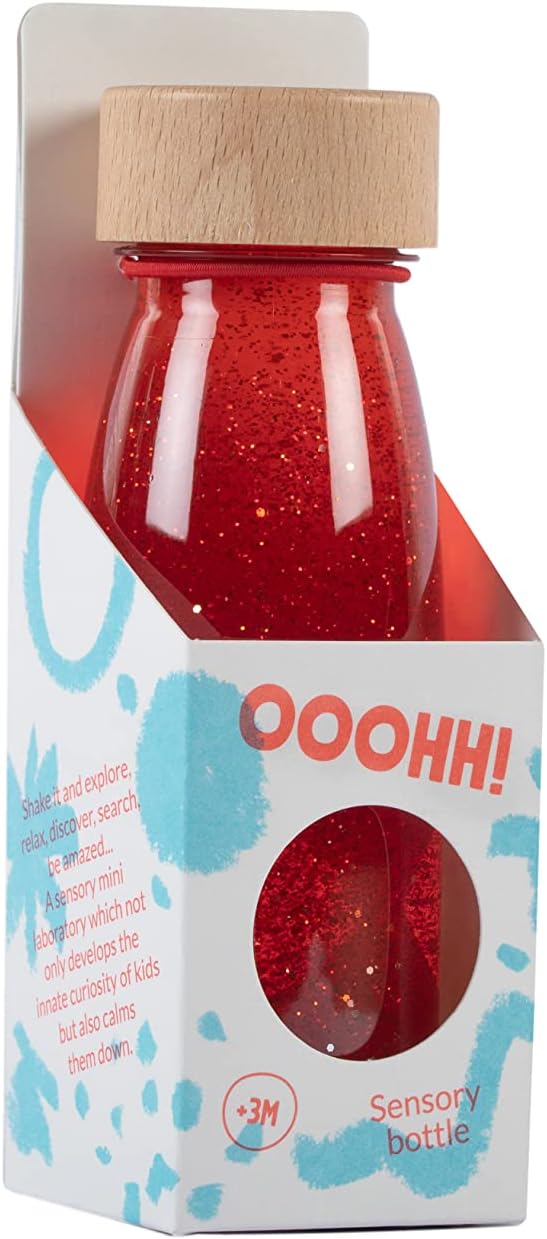 PETIT BOUM – Float Sensory Bottle in Rot EIN Mikrokosmos in jeder Flasche Entdecken, zuhören und Ler