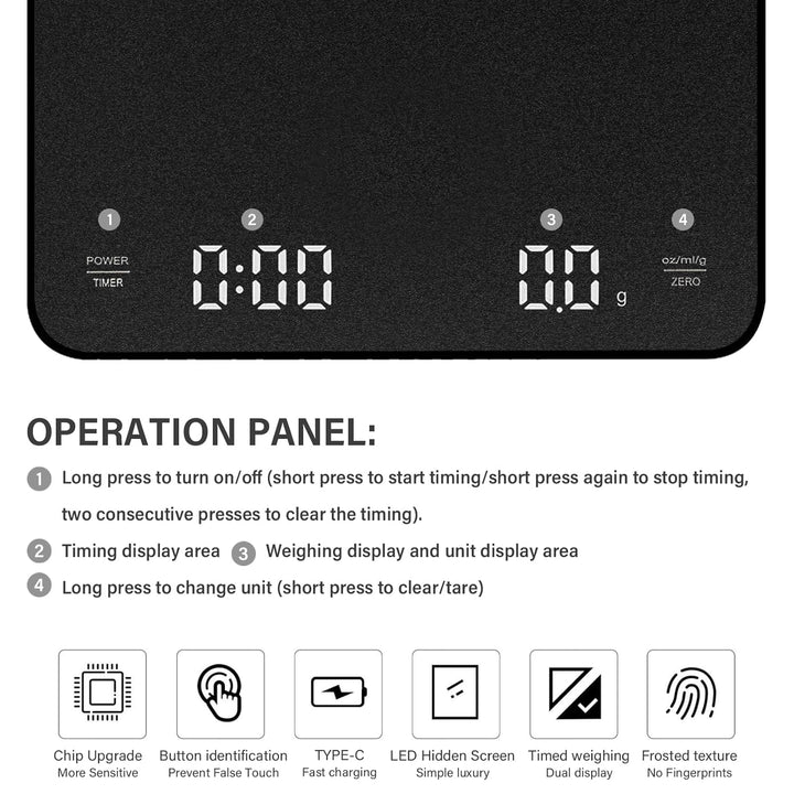 Wiederaufladbare Coffee Scale Espresso Waage Digitale Kaffeewaage mit Timer Multifunktionale Küchenw