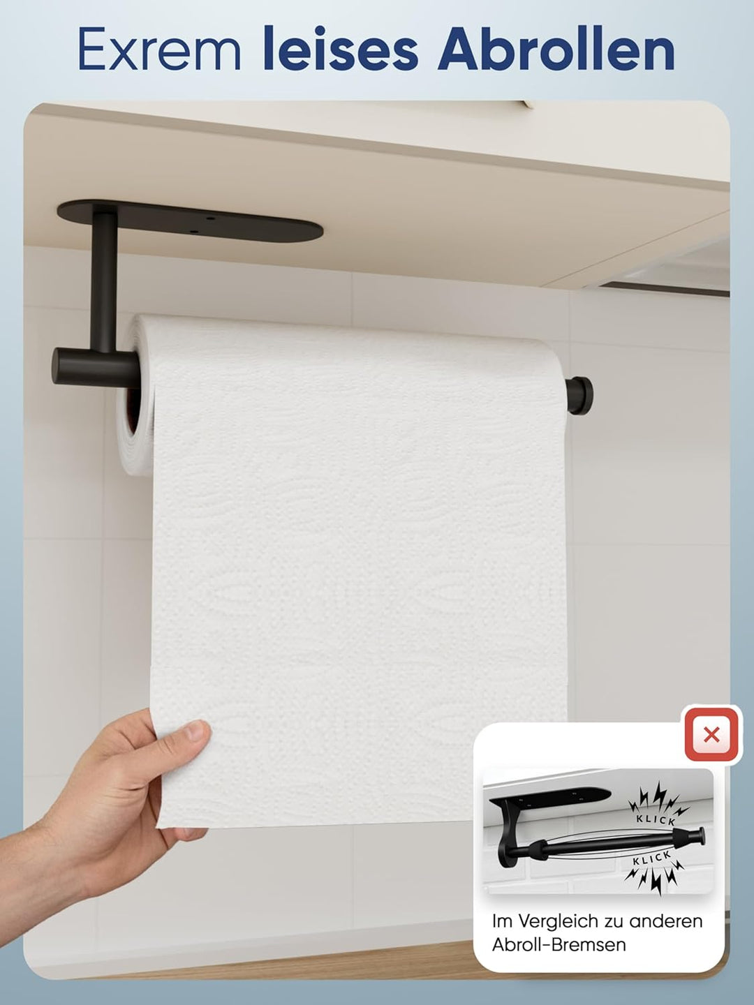 WOHNHELD® Küchenrollenhalter ohne Bohren [Mit Abroll-Bremse] für einhändiges Abreissen - Edelstahl s