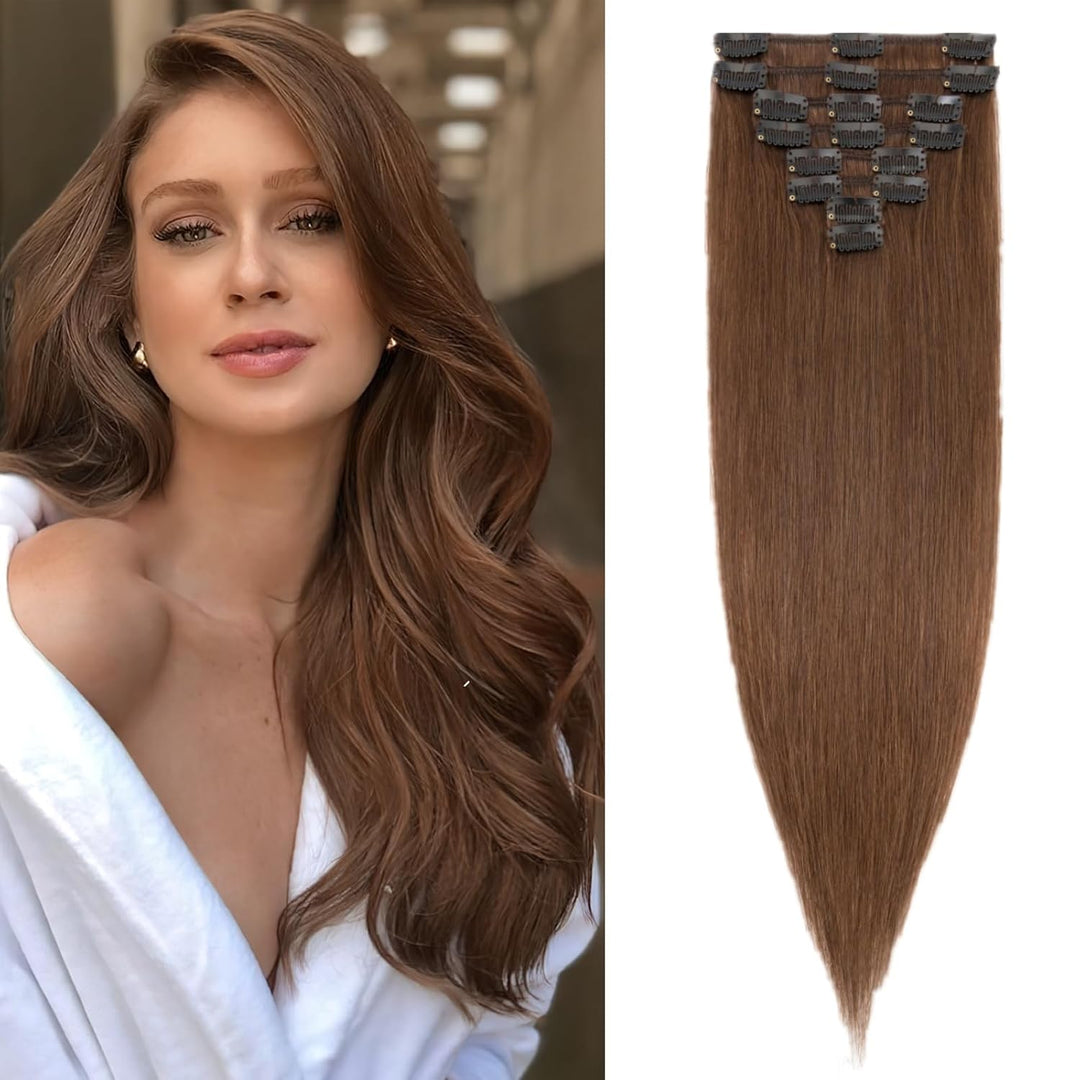 Benehair Clip in Extensions Echthaar, 8 Stück 100% Remy Echthaar Extension 75g, Schokoladen Braun Ha