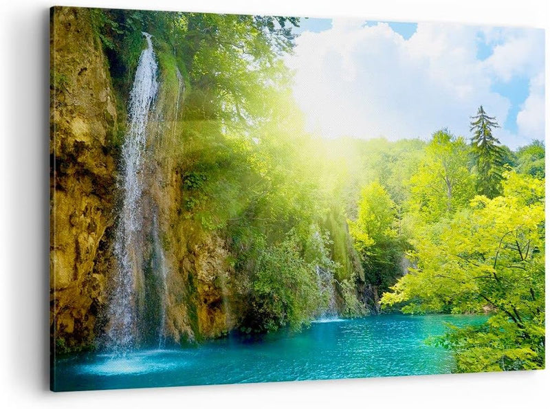 Bilder auf Leinwand 100x70cm Leinwandbild Wasserfall Forrest Himmel Gross Wanddeko Bild Schlafzimmer