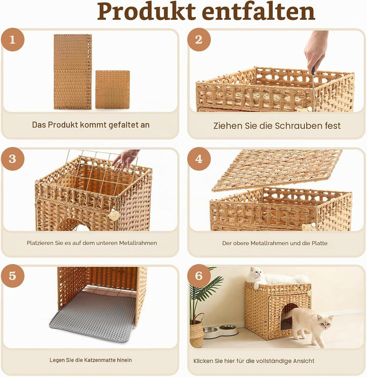 Geflochtenes Rattan-Katzentoiletten-Möbel mit Matte und Zaun, verstecktes Design, 47 x 50 x 48 cm, N