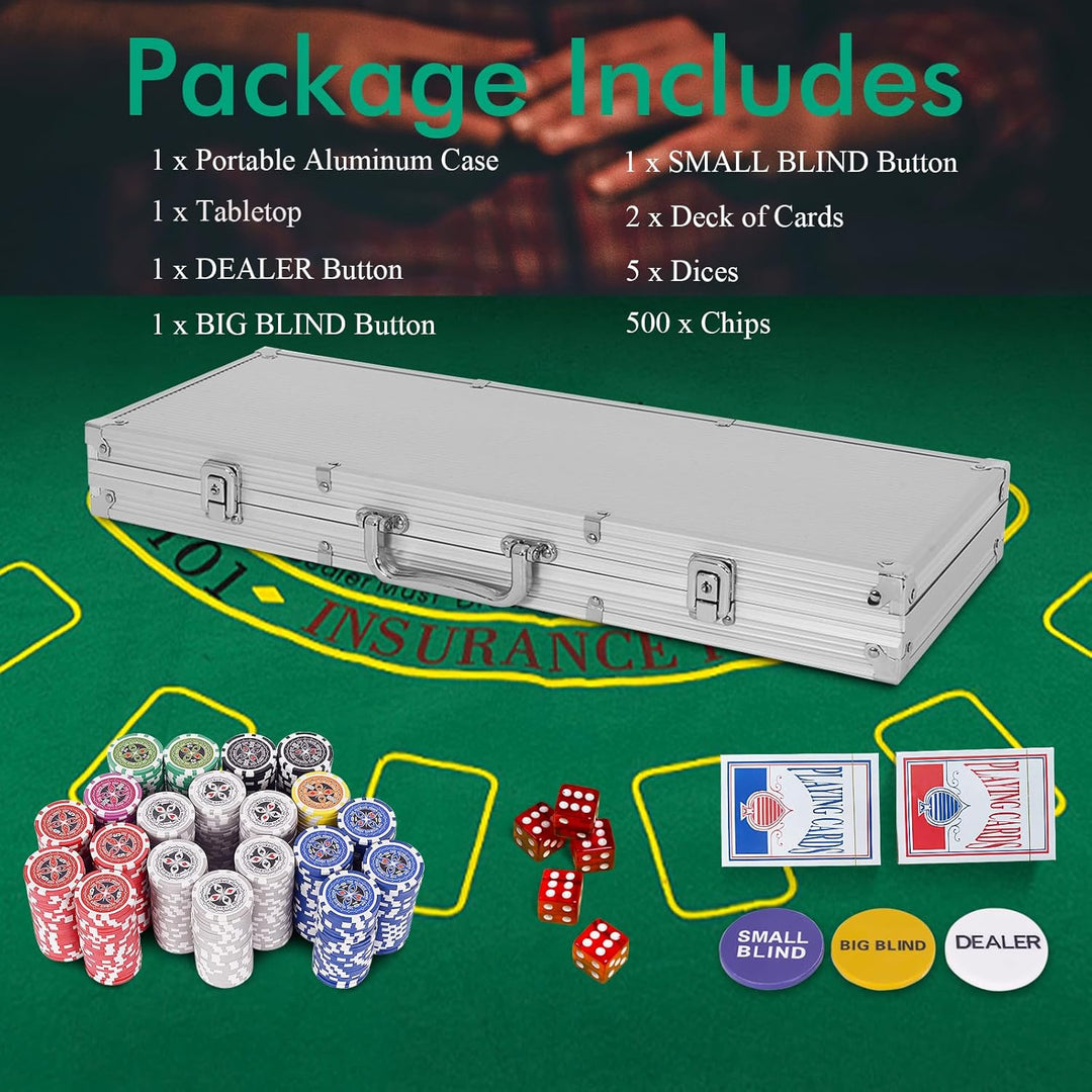 HOMASIS Pokerset mit 500 Chips, Alu Pokerkoffer mit 2 Kartendecks, 5 Würfeln, 3 Dealer Button & Matt