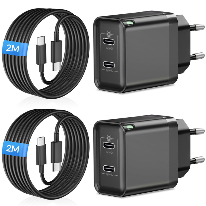 45W 2-Port USB C Ladegerät Schnellladegerät und 2M Ladekabel, 2 Pack | Fast Charger Adapter mit Typ