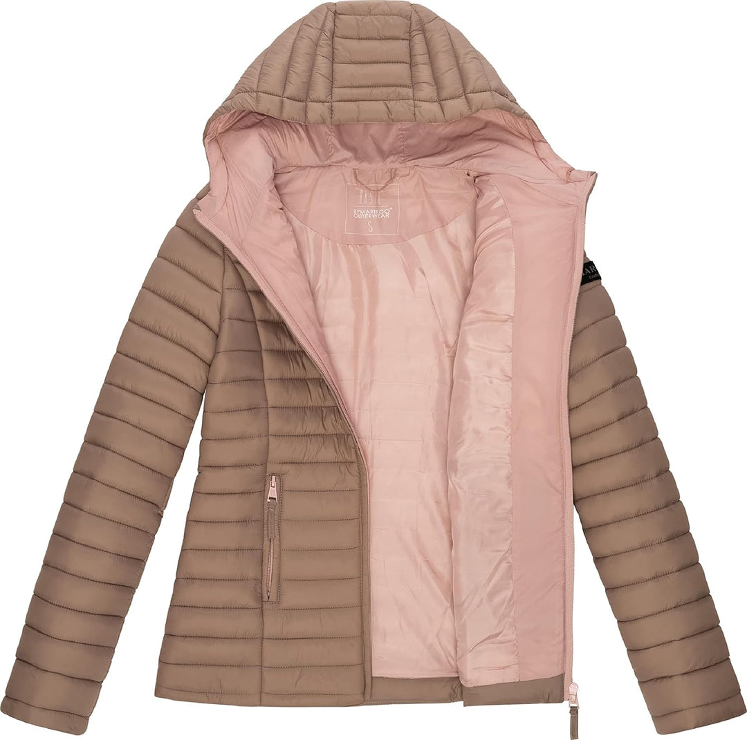 MARIKOO Damen leichte Übergangsjacke Steppjacke mit Kapuze Asraa XS-3XL XXL Taupe, XXL Taupe