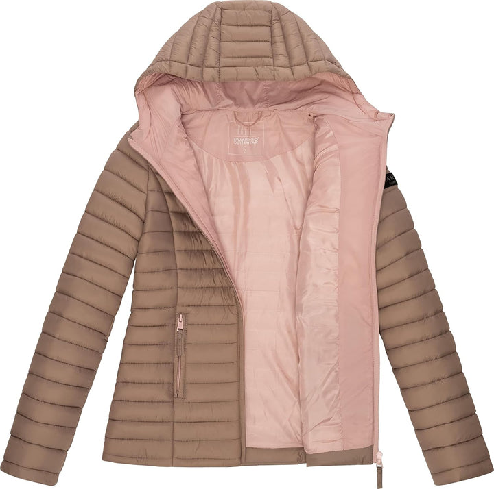MARIKOO Damen leichte Übergangsjacke Steppjacke mit Kapuze Asraa XS-3XL XXL Taupe, XXL Taupe