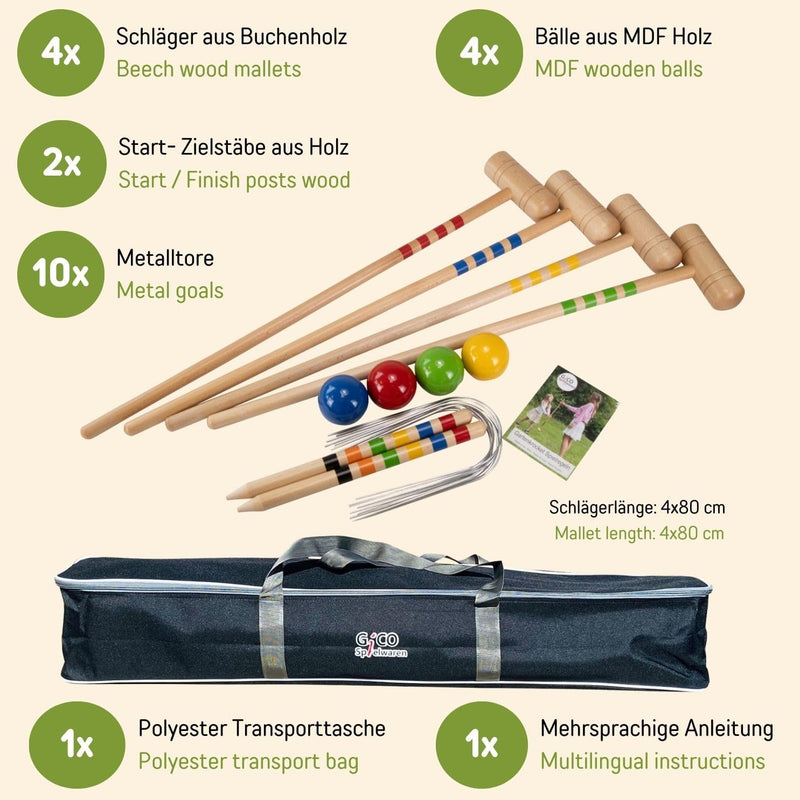 GICO Qualitäts Krocketspiel / Krocket / Crocket für 4 Spieler in Transporttasche - Spiel gut (Auszei