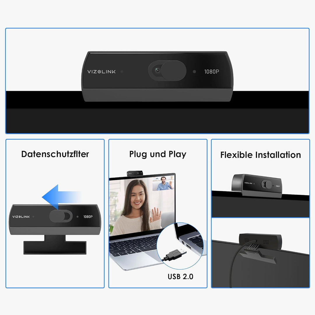 W2N Webcam Full HD, 1080P/30PFS, Dual Mikrofone Rauschunterdrückung, Fester Fokus, 78°Blickfeld, Bel