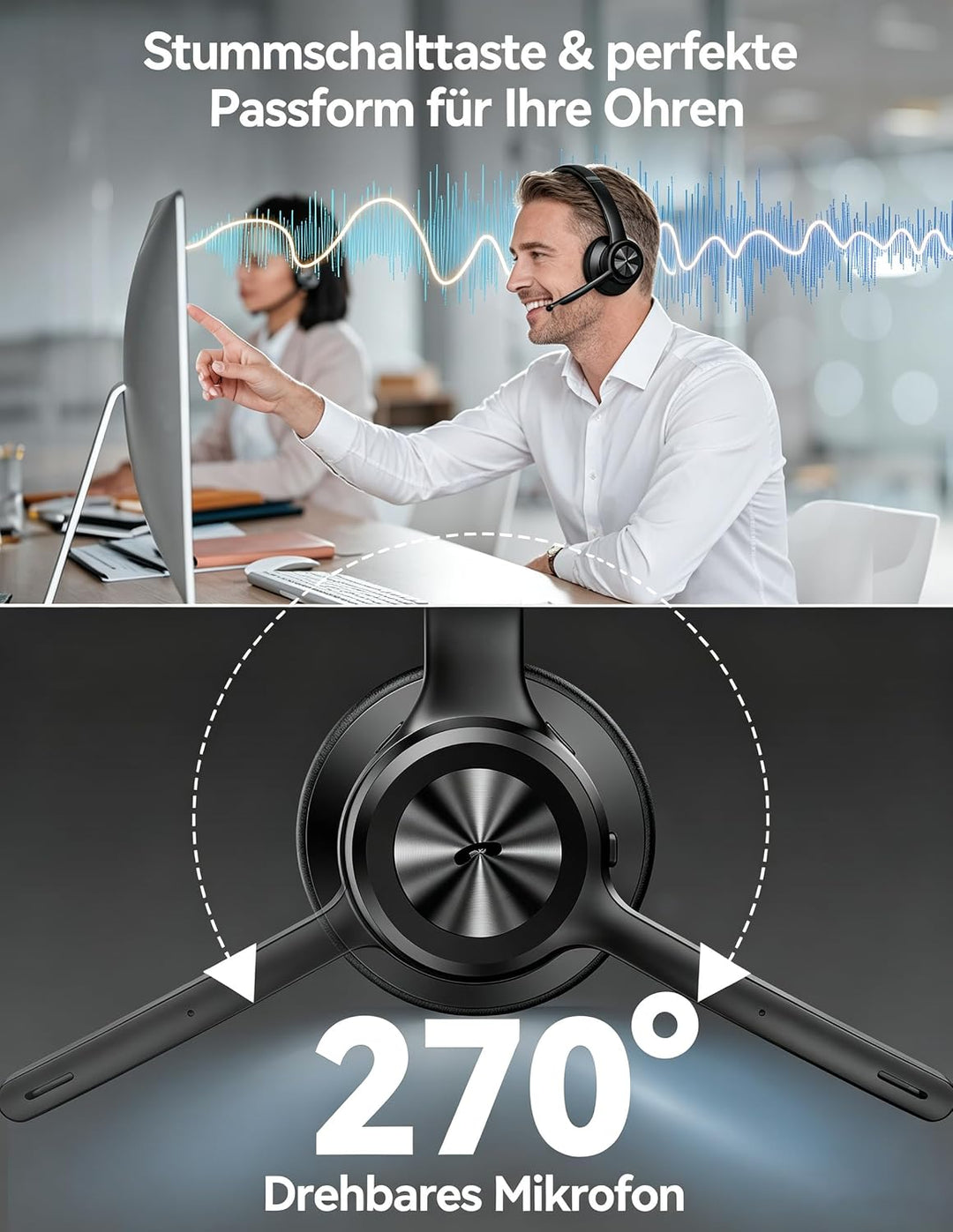 TECKNET Bluetooth-Headset mit Mikrofon, USB-Dongle, Noise Cancelling | Bluetooth 5.2 oder USB-Dongle