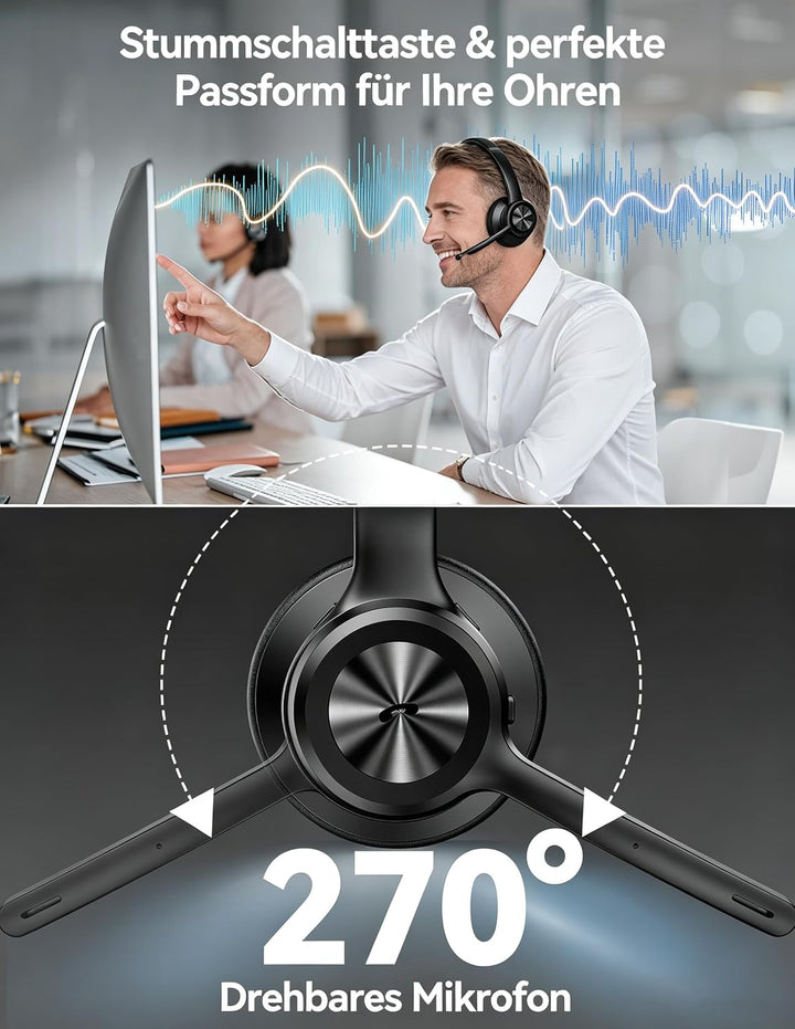 TECKNET Bluetooth-Headset mit Mikrofon, USB-Dongle, Noise Cancelling | Bluetooth 5.2 oder USB-Dongle