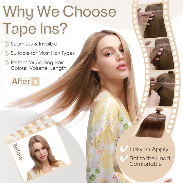 Elailite Echthaar Extensions Tape in #6 Mittelbraun 20 stück Invisible Kleber Haarverlängerung Klebe