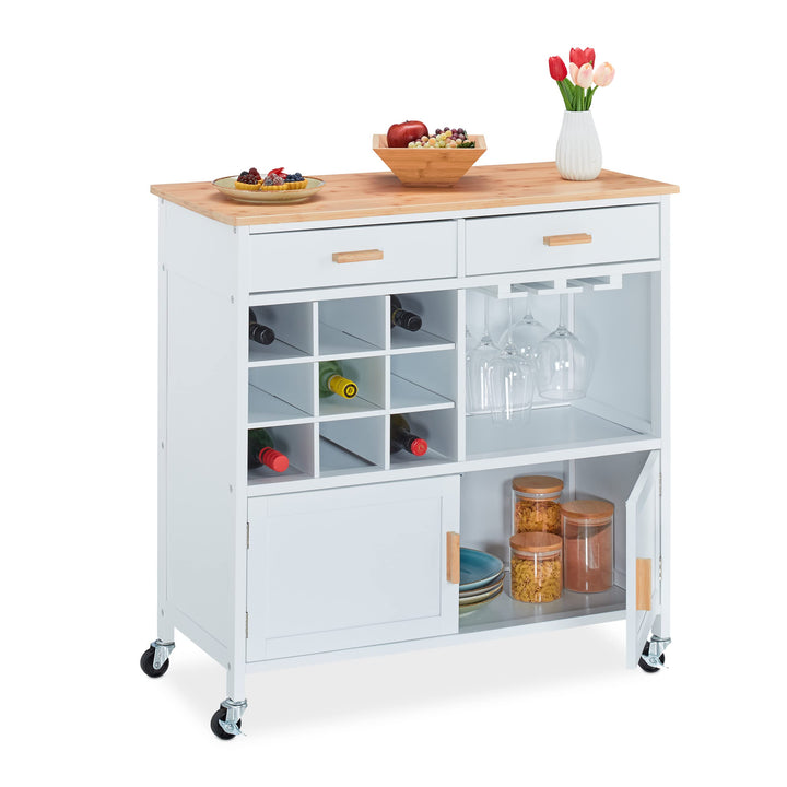 Relaxdays Küchenwagen, HxBxT: 88,5 x 86 x 41 cm, Arbeitsplatte, Weinregal, Gläserhalter, Küchenschra