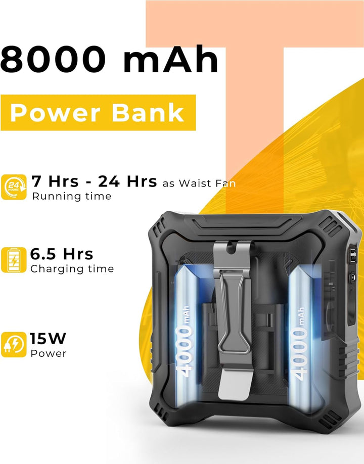 TUNISE Gürtelclip-Ventilator, 8000 mAh wiederaufladbarer Akku, 5 Stufen bis zu 24 h Laufzeit, integr