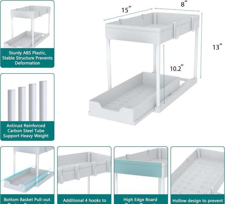 DEKAVA Küchen Organizer, 2 Unter Waschbecken Regal, Schrank Küchenorganizer mit 4 Haken, Schrankkorb