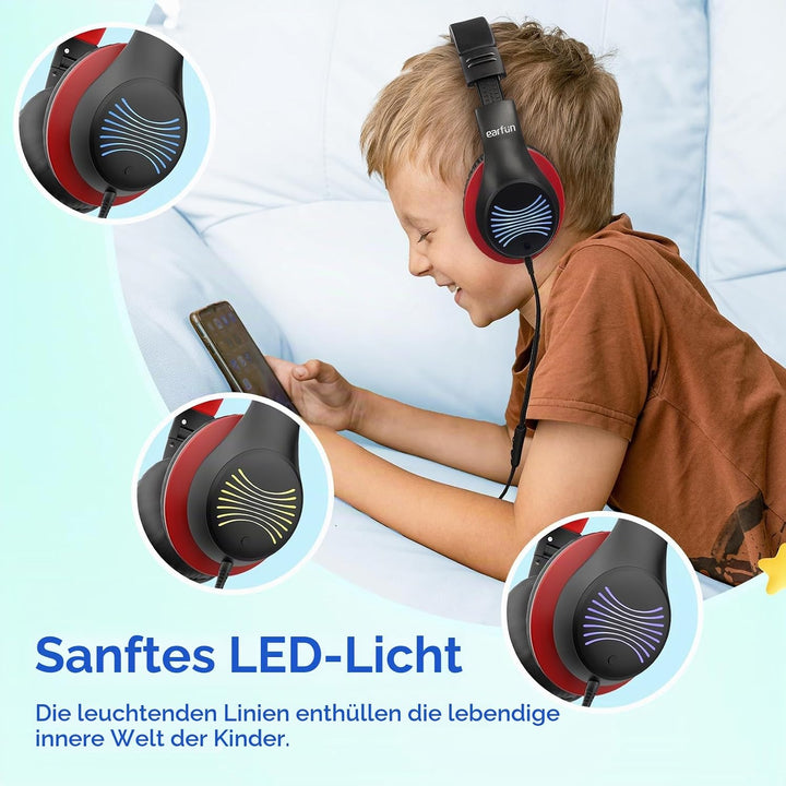 EarFun Kinder Kopfhörer mit LED-Leuchten, USB-C Kabel, 85dB Lautstärkenbegrenzer, HD-Mikrofon, Faltb