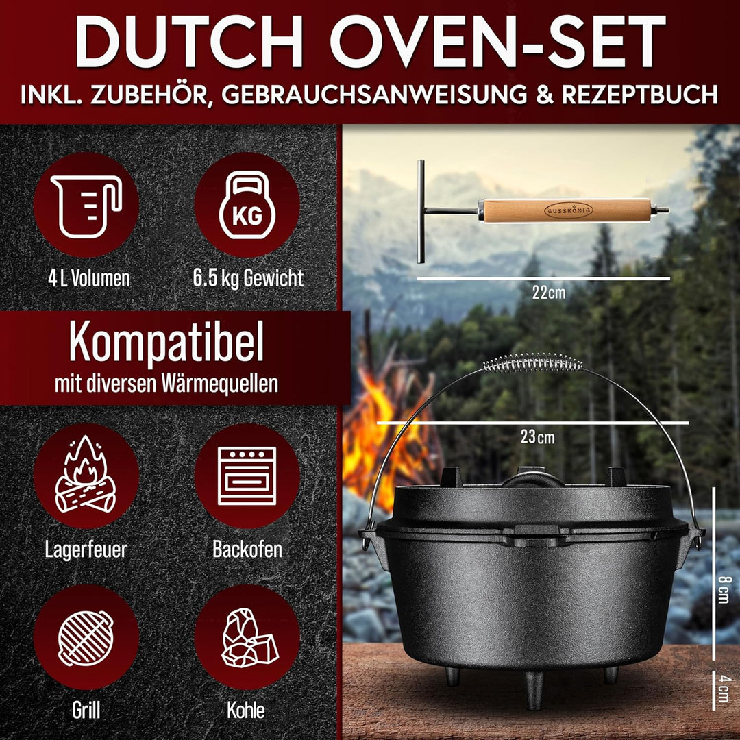 GUSSKÖNIG Dutch Oven Set - Eingebrannter Dutch Oven 4 Liter - Feuertopf Gusseisen mit Füssen - Schmo