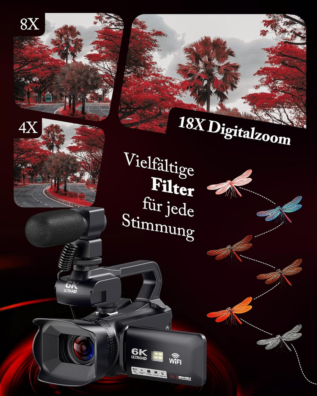 Videokamera Camcorder 6K 64MP 18X Digitalzoom Vlogging Camera mit IR Nachtsicht für YouTube, HD Webc
