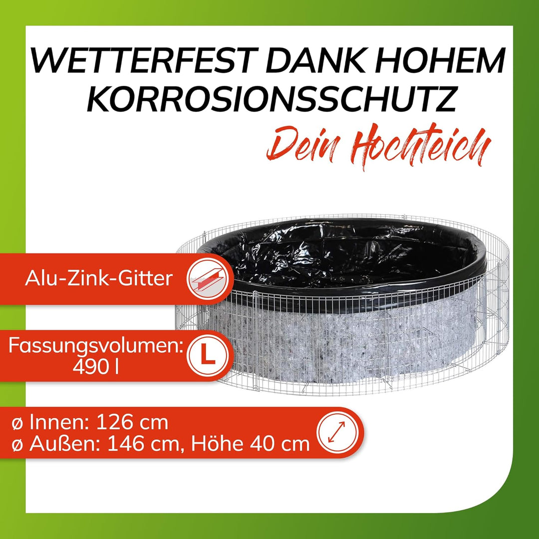 bellissa ‎‎95577 – Hochteich – 490 l Füllvolumen – Garten DIY-Kit mit Gabionen, Folie und Trenn-Vlie