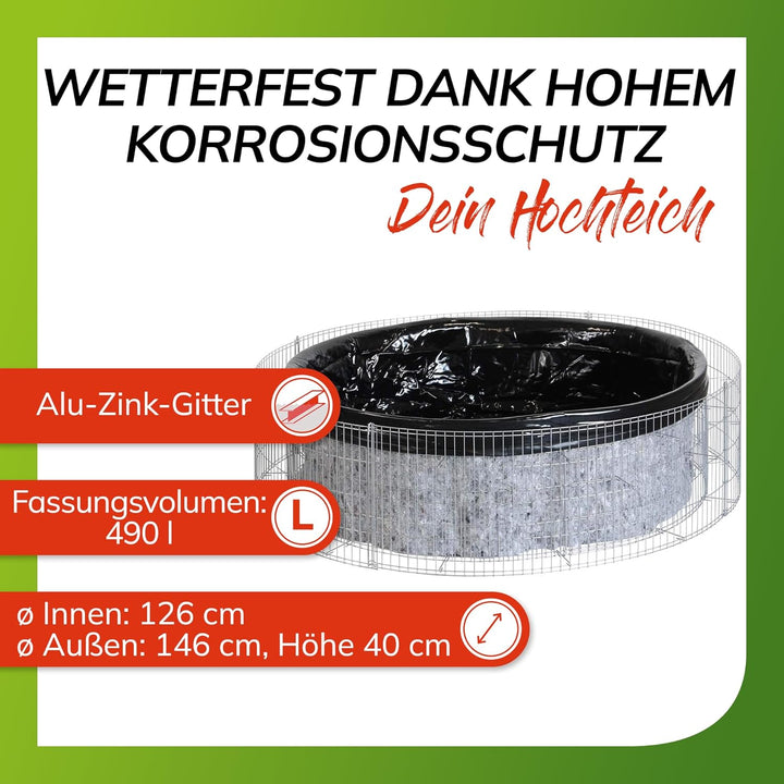 bellissa ‎‎95577 – Hochteich – 490 l Füllvolumen – Garten DIY-Kit mit Gabionen, Folie und Trenn-Vlie