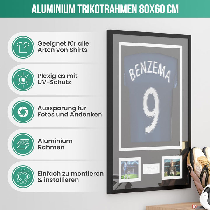 Avalo Trikotrahmen Aluminium - Objektrahmen für Fussballtrikot - 3D Box Frame - 60x80 CM - Schwarz -