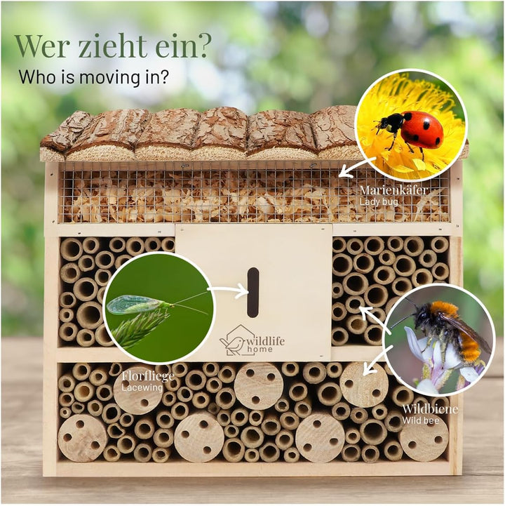 WILDLIFE HOME Bienenhotel Insektenhotel mit Rindendach I Unbehandelt, Bienenhaus aus Massiv-Holz für