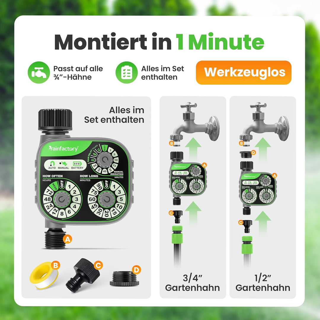 rainfactory Bewässerungscomputer - intuitive 3-Regler Wasserzeitschaltuhr für automatische & manuell