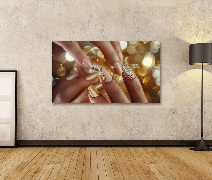 islandburner Prime Bild auf Leinwand Goldene Nagelkunst im Urlaubsstil mit Heller Maniküre, funkelnd