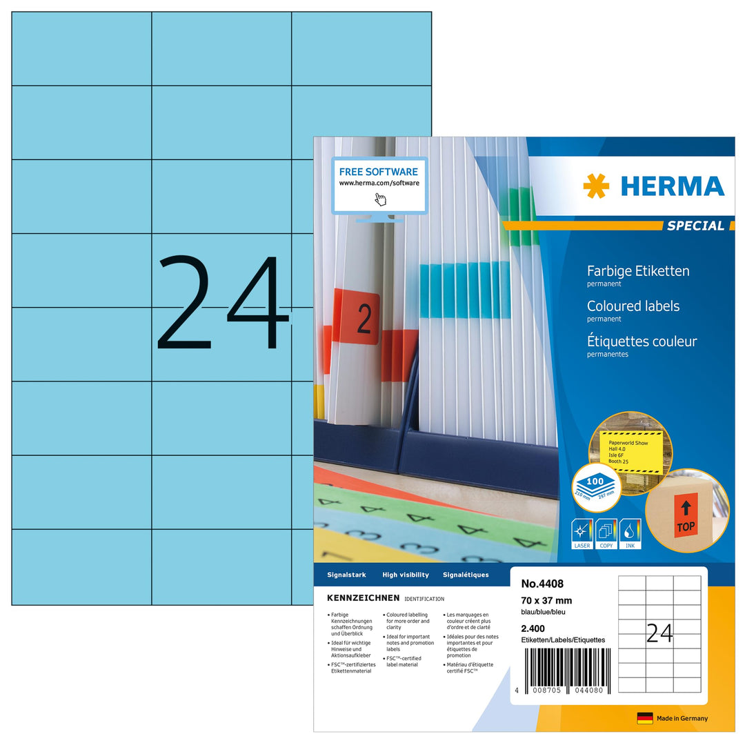 HERMA 4408 Farbige Etiketten blau, 100 Blatt, 70 x 37 mm, 24 Stück pro A4 Bogen, 2400 Aufkleber, sel