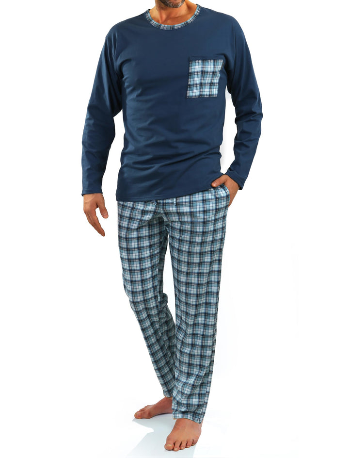 sesto senso Herren Schlafanzug Lang Baumwolle Pyjama Langarm Shirt mit Tasche Pyjamahose Zweiteilig