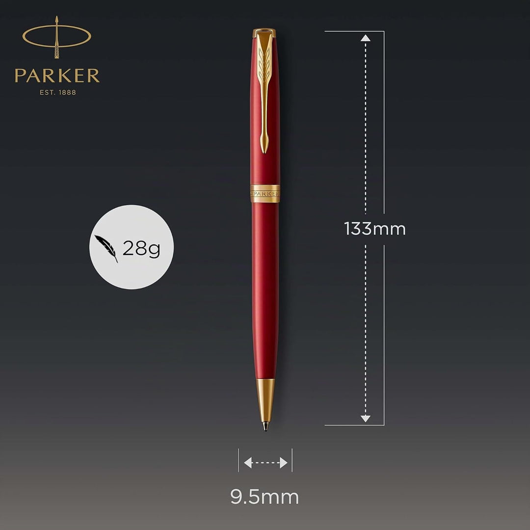 Parker Sonnet Kugelschreiber | Rote Lackierung mit Goldzierteilen | Mittlere Spitze | schwarze Tinte