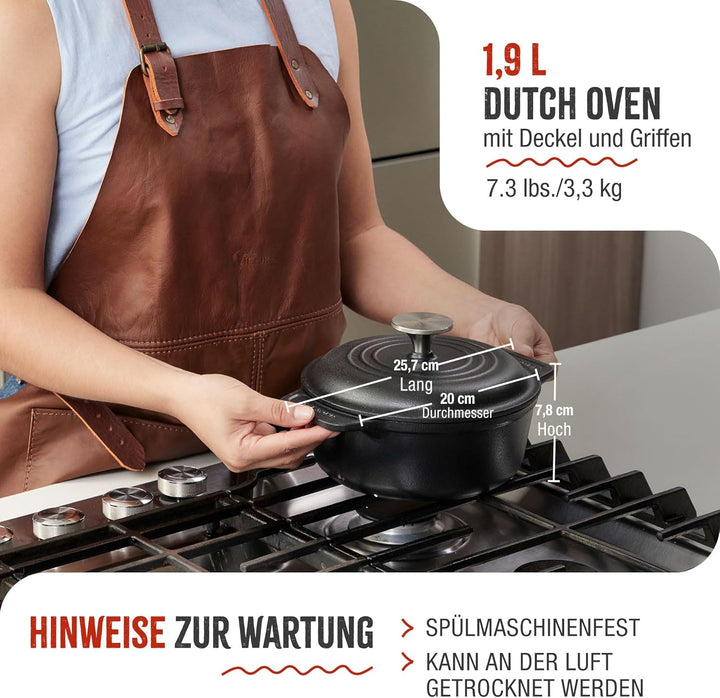 Victoria Dutch Oven Gusseisen Emailliert, Induktion 20cm, Topf Brot Backen 1,9 L, PTFE und PFOA Frei