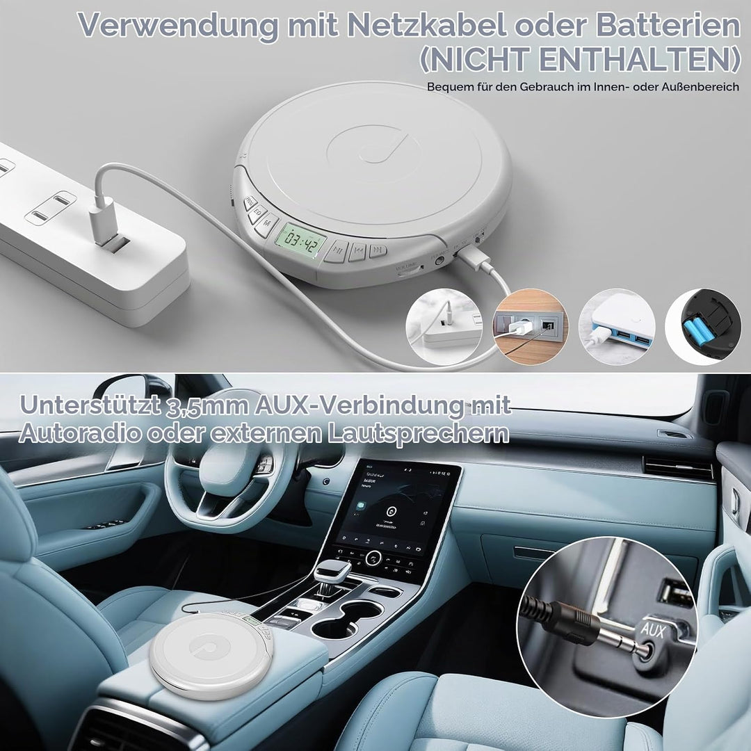 Gueray CD Player Tragbar Kinder Tragbarer CD-Player fürs Auto Discman mit Kopfhörer LCD-Display Unte