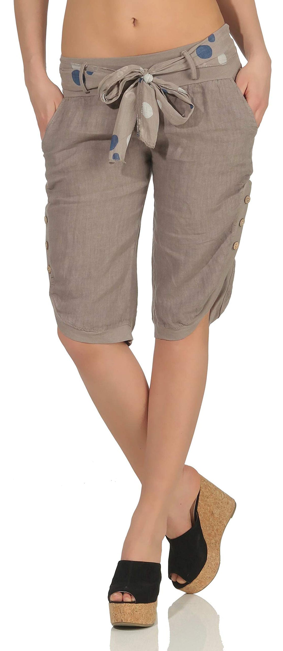 Malito Damen Kurze Hose aus Leinen | Caprihose in Unifarben | feine Freizeithose mit Gürtel | Stoffh