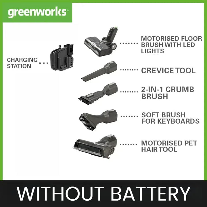 Greenworks Kabelloser Staubsauger, hohe Saugleistung, Hepa-Filter, Tierhaaraufsatz, 3 Leistungsstufe