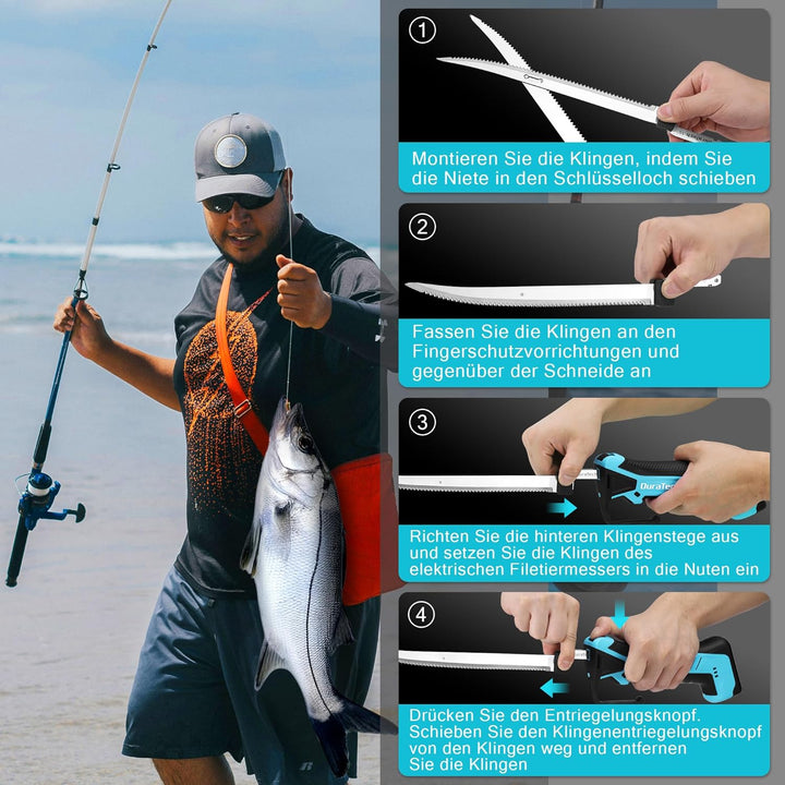 DURATECH 12V Kabelloses Elektrisches Fischmesser mit 20cm und 25cm Klingen, Elektrisches Messer mit
