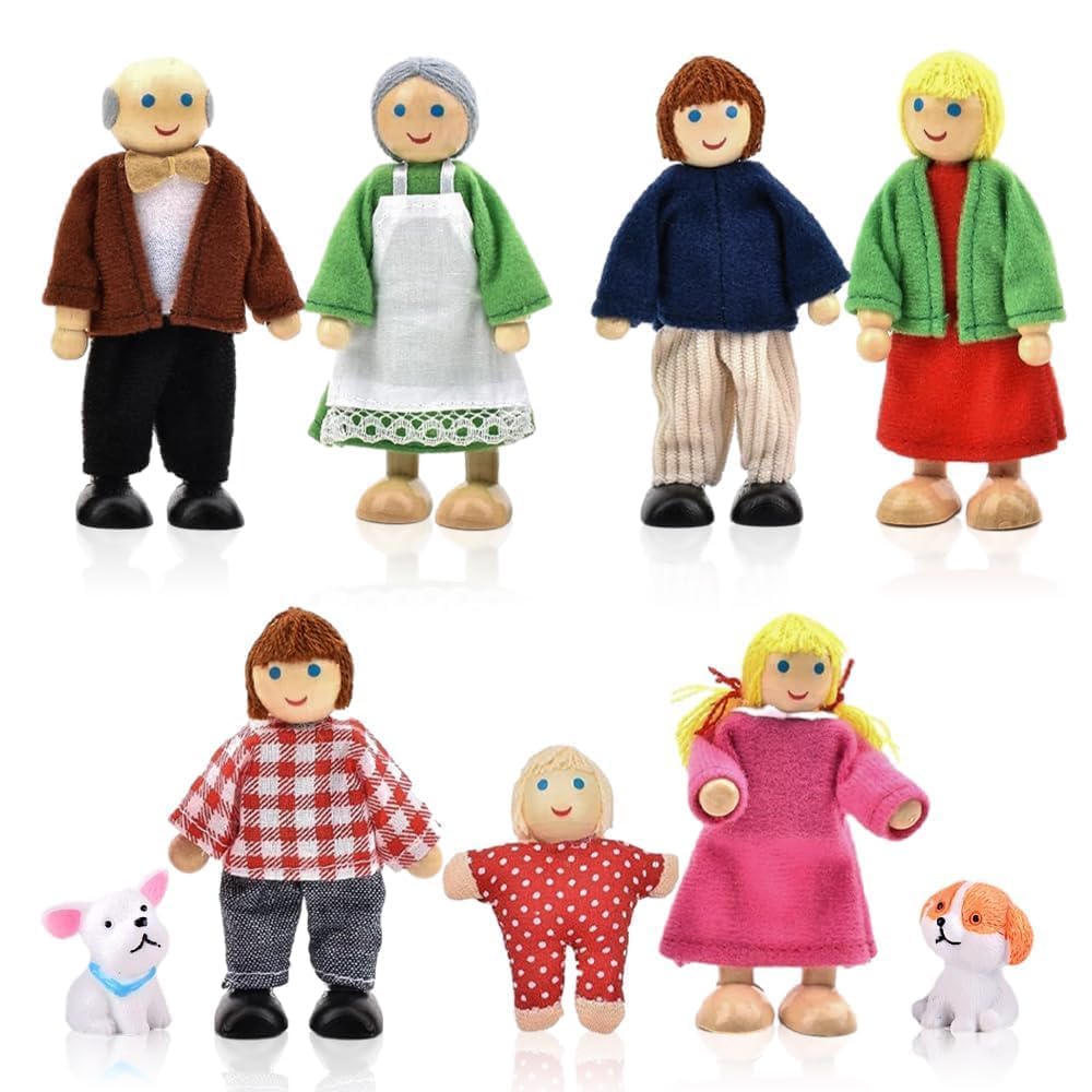 Hölzerne Puppenhaus Puppen Familie Set mit Katze und Hund, 9 Stück Verstellbare Familienpuppen Figur