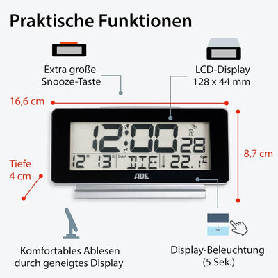 ADE Funkwecker digital mit Batterie | Tischuhr mit Temperaturanzeige, Beleuchtung, Schlummerfunktion