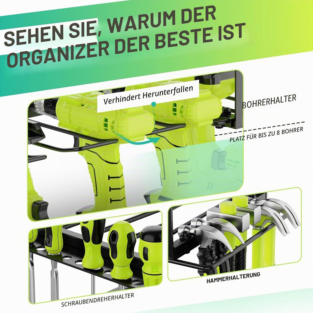 3 Ebenen Werkzeugspeicher für 8 Elektrowerkzeug, Wandhalterung Schlagbohrschrauber Werkzeugregal, We
