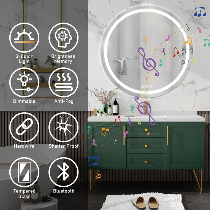 Bluetooth Badezimmerspiegel mit Beleuchtung, 80cm Runder Spiegel mit Beleuchtung, Wandspiegel mit Fr