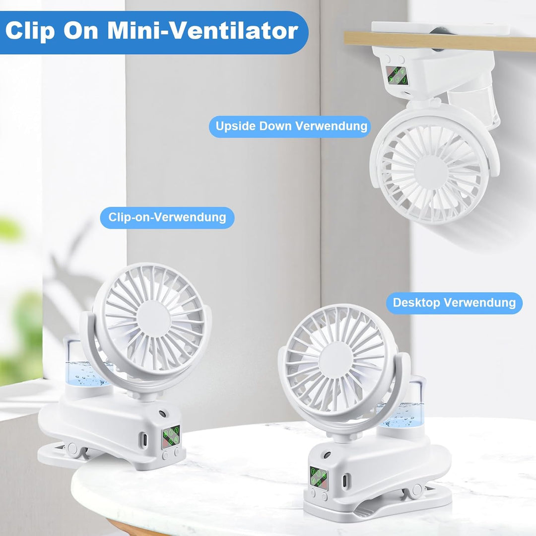 JIZZU USB Ventilator mit Wassernebel, 4 Geschwindigkeiten Wind Tischventilator mit Clip, Mini Ventil