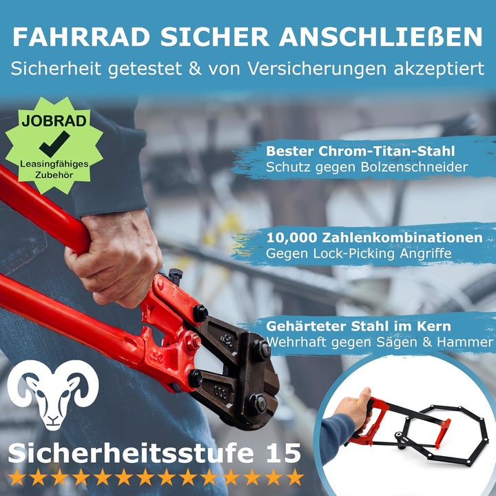 WIDDER 120cm Extrem Sicheres Fahrradschloss Zahlenschloss [Titan-Stahl Level 15] - 120 cm Faltschlos