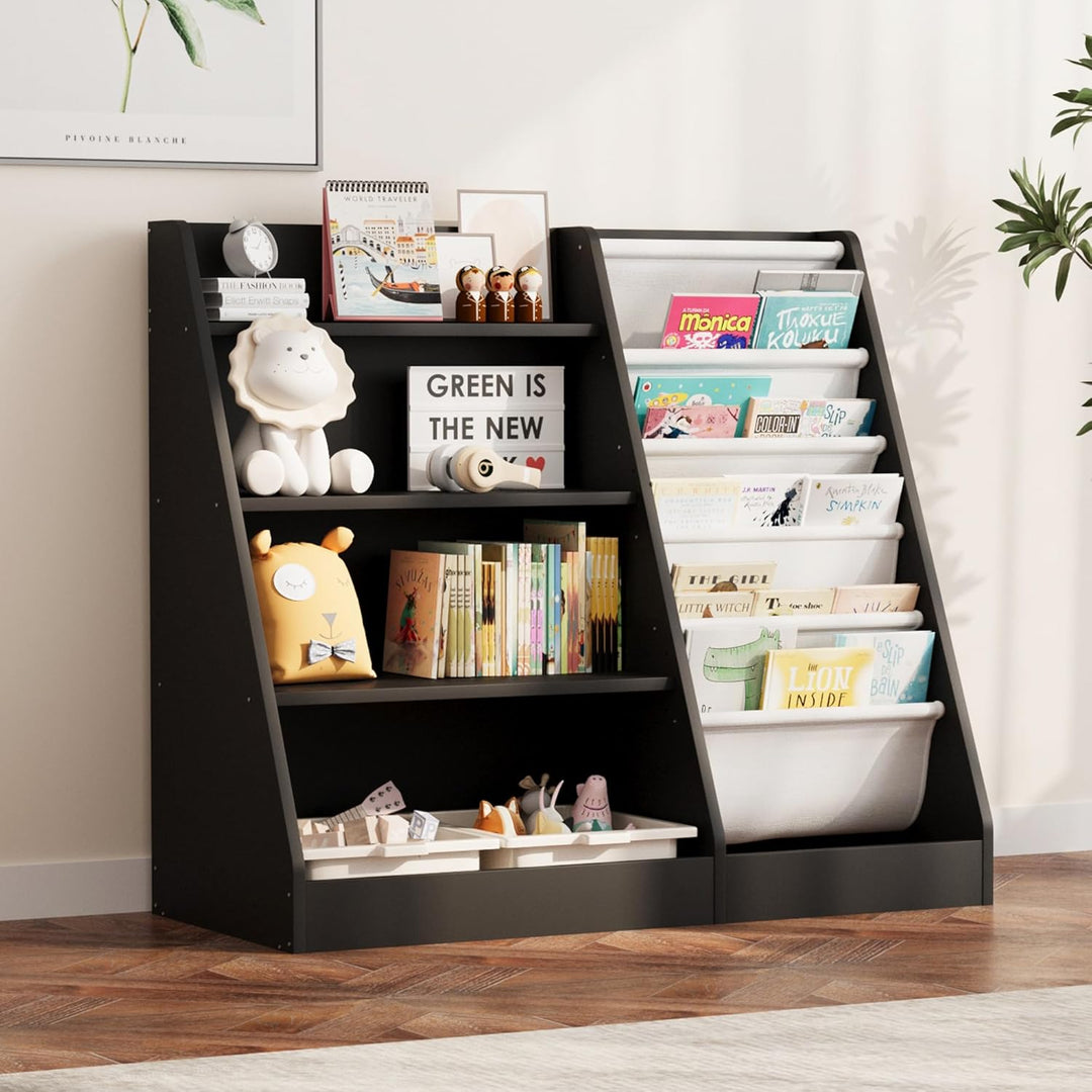 KEEPREAPER Kinderregal Bücherregal für Kinder, 90x40x80cm, mit 5 Ablage und 4 offenen Fächern, aus H