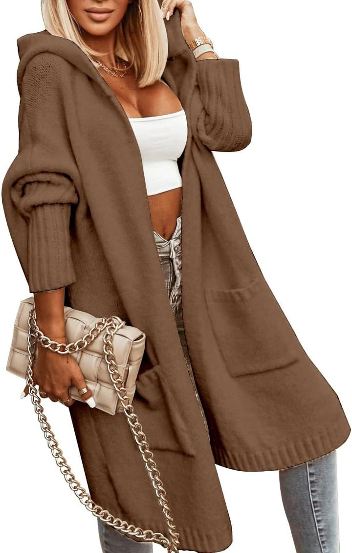 Tongmingyun Strickjacke Damen Lang Cardigan mit Kapuze Winter Grobstrickjacke Casual Lose Strickmant