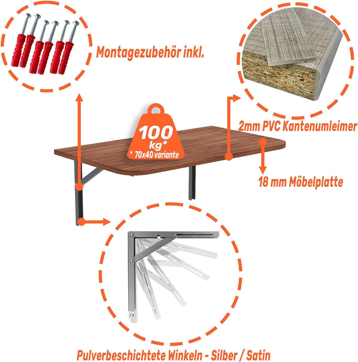 AKKE Wandklapptisch mit Abgerundeten Ecken Klapptisch Esstisch Wandtisch Küchentisch Schreibtisch Ki