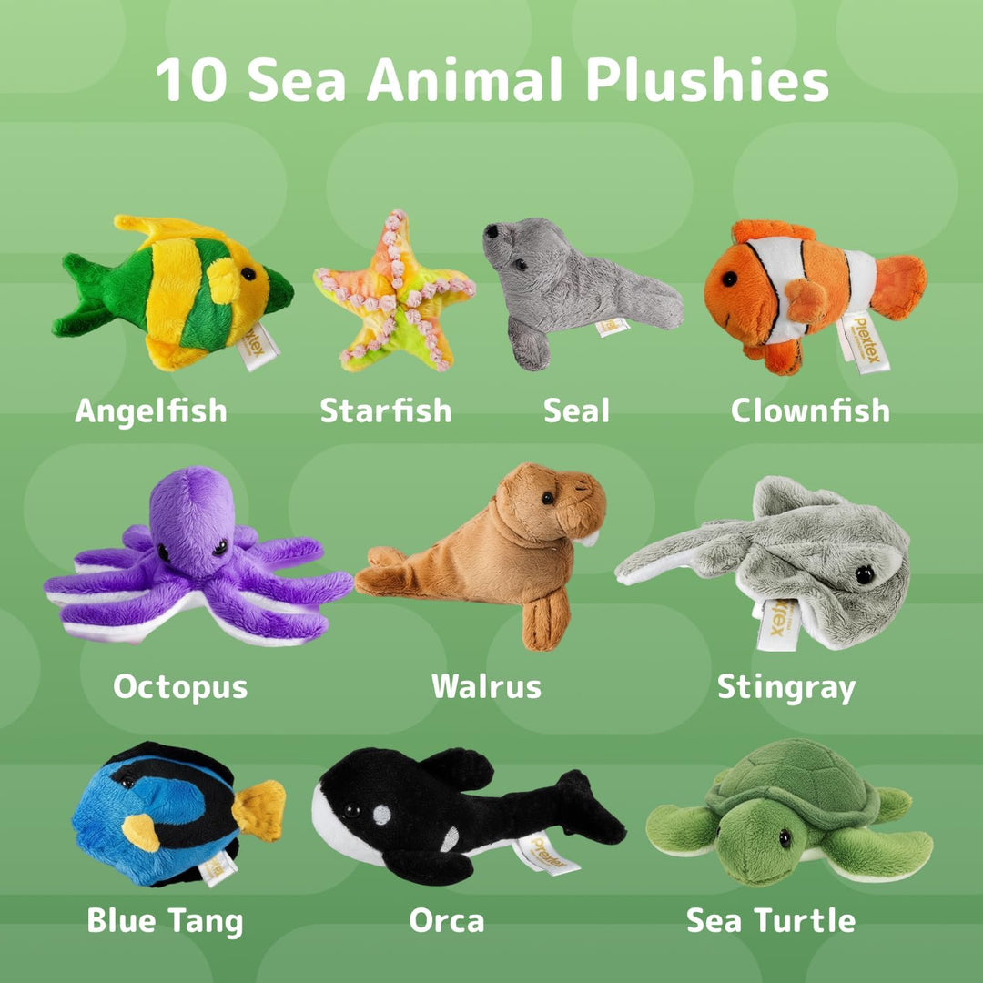 PREXTEX 10 Piece Plush Soft Stuffed Sea Animals Playset Plush Sea Life Assortment, Turtle, Stingray,