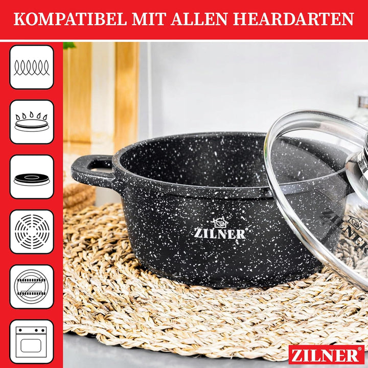 Topfset Induktion 12-Teilig mit Glasdeckel | Kochtopf Set 6 Töpfen aus Aluminiumguss | 6x Kochtöpfe