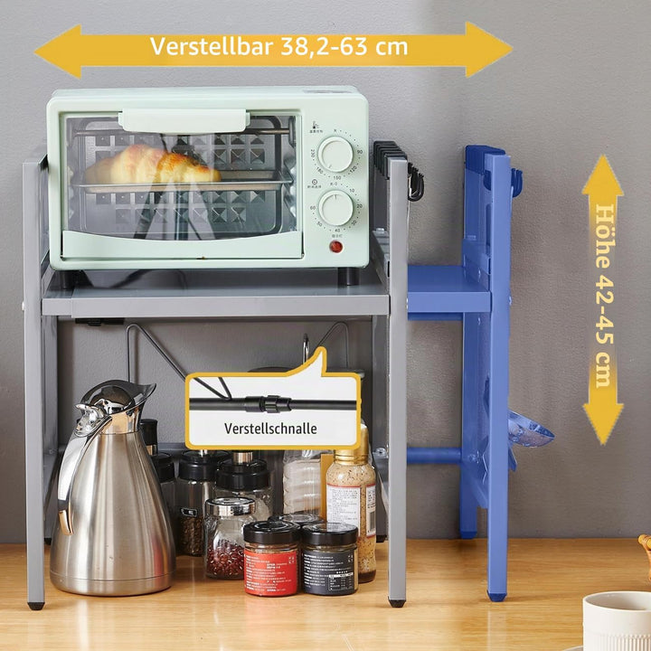 Ausziehbares Mikrowellenregal mit 6 Haken, Thekenregal für Mikrowelle, Küchenregal (Grau/2 Ebenen) G