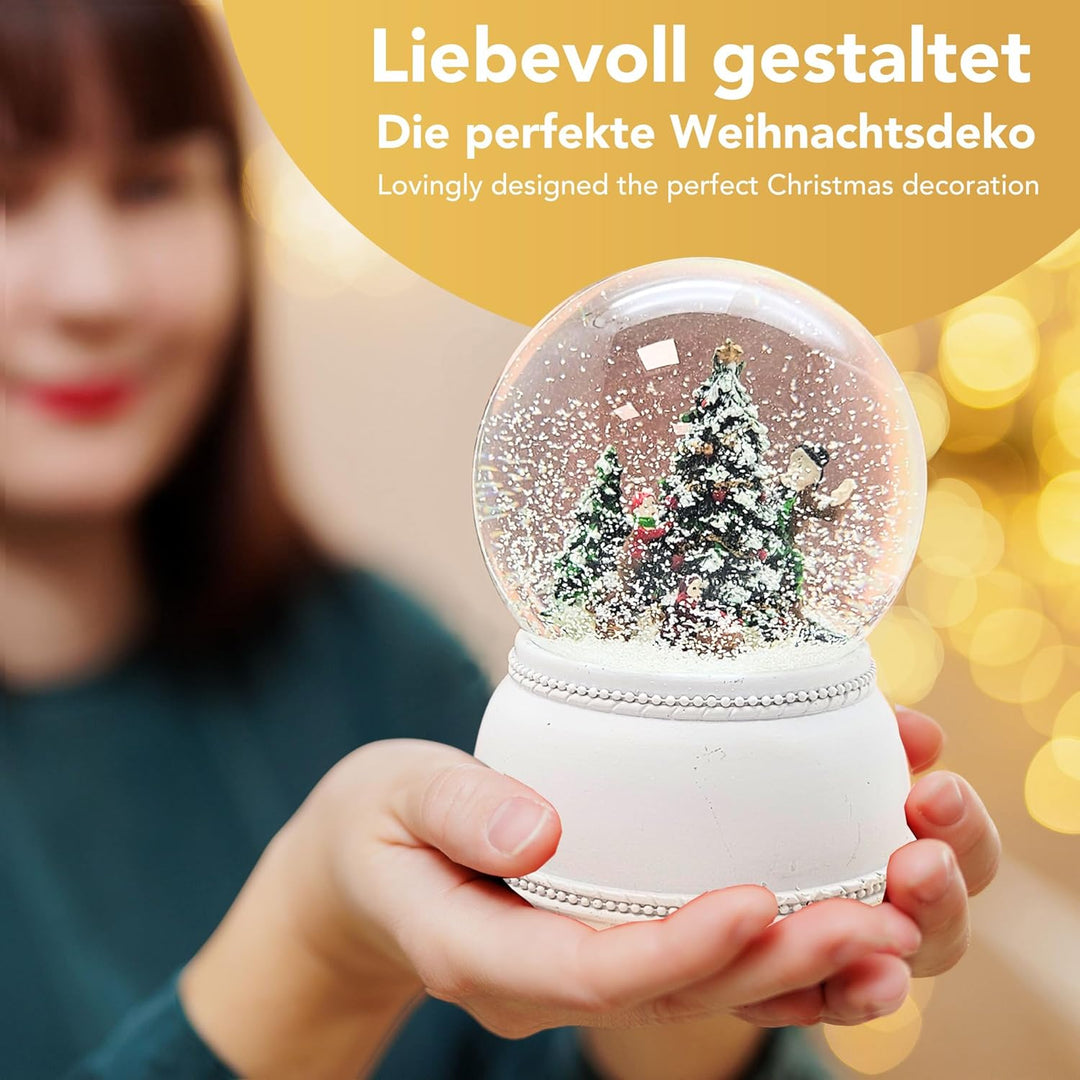 Schneekugel Nostalgie Christbaum schmücken auf Sockel kubisch weiss | Pure-Line | Schüttelkugel | H: