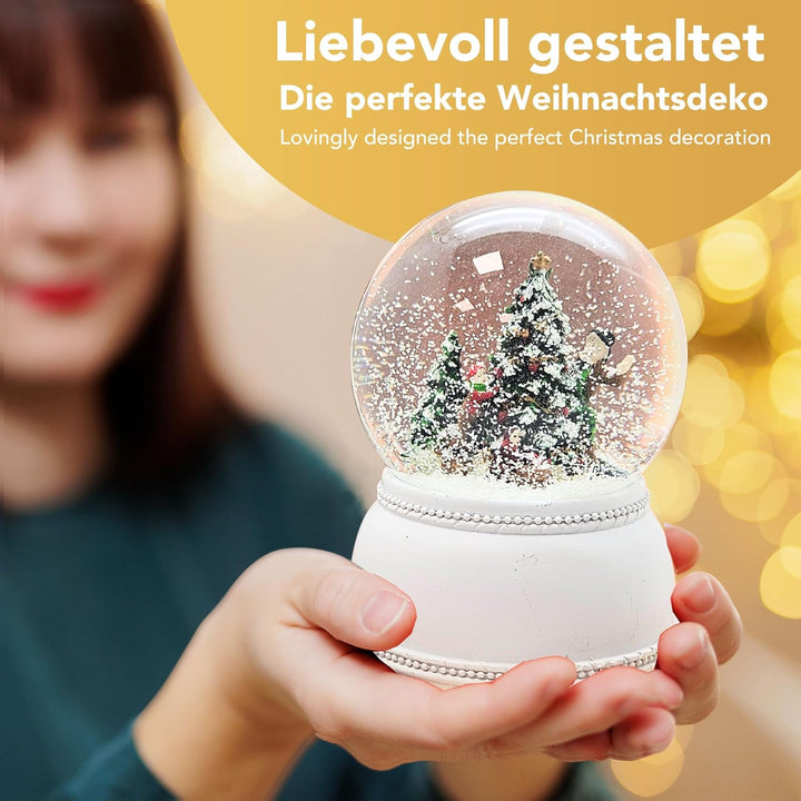 Schneekugel Nostalgie Christbaum schmücken auf Sockel kubisch weiss | Pure-Line | Schüttelkugel | H: